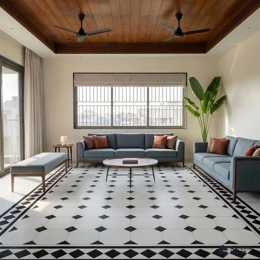 Modern living room with wooden ceiling and black-and-white geometric patterned floor tiles