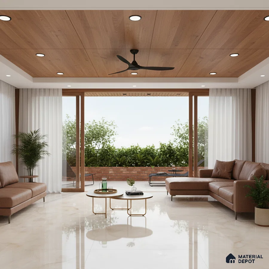 Modern living room with wooden ceiling panels and glossy beige marble floor tiles in Bengaluru