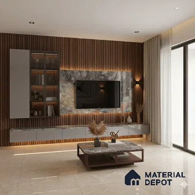 Modern living room with walnut wood louvers, grey stone laminate TV wall, and beige marble floor tiles in Bengaluru