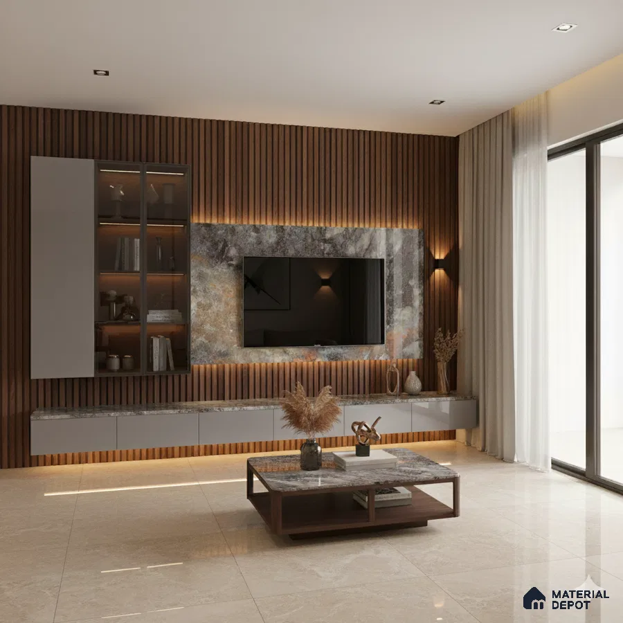 Modern living room with walnut wood louvers, grey stone laminate TV wall, and beige marble floor tiles in Bengaluru