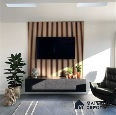 Modern TV Unit with Wood-Paneled Accent Wall | Material Depot