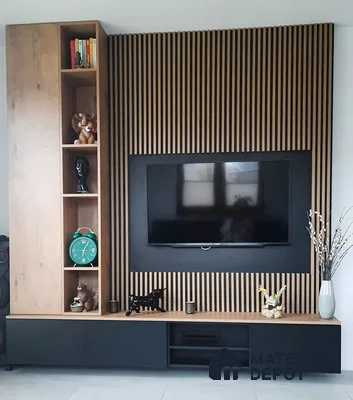 Modern TV Unit with Wood-Paneled Accent Wall and Built-in Shelving | Material Depot