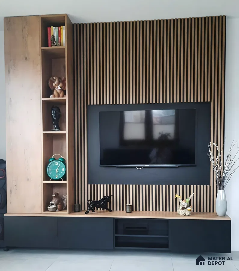 Modern TV Unit with Wood-Paneled Accent Wall and Built-in Shelving | Material Depot
