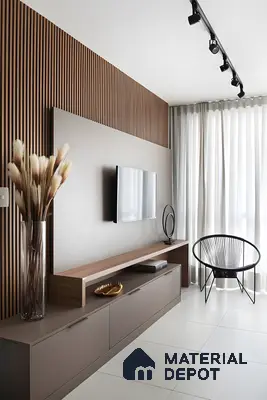 Modern TV Unit with Wood-Paneled Accent Wall and Sleek TV Console | Material Depot