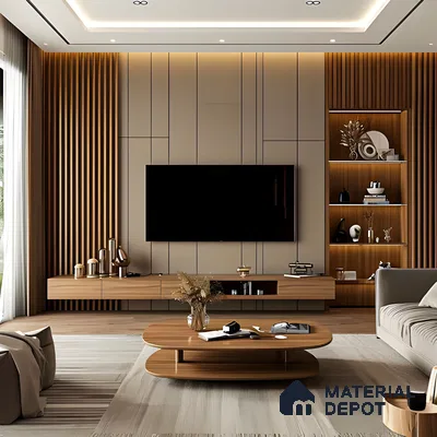 Modern TV Unit with Wood-Paneled Accent Wall and Sleek TV Console | Material Depot