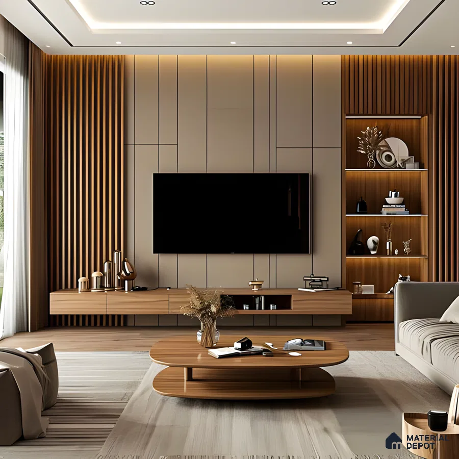 Modern TV Unit with Wood-Paneled Accent Wall and Sleek TV Console | Material Depot