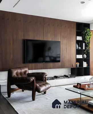 Modern TV Unit with Wood-Paneled Wall and Marble Accents | Material Depot