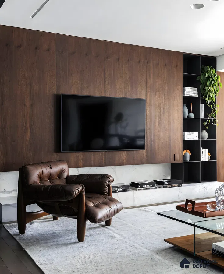Modern TV Unit with Wood-Paneled Wall and Marble Accents | Material Depot