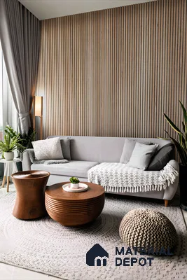 Modern Living Room with Wood-Paneled Wall and Natural Elements | Material Depot