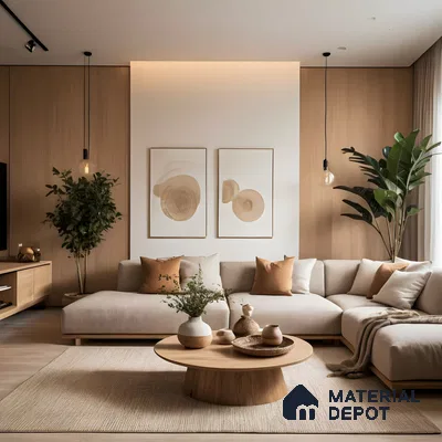 Modern Living Room with Wood-Paneled Wall and Natural Elements | Material Depot