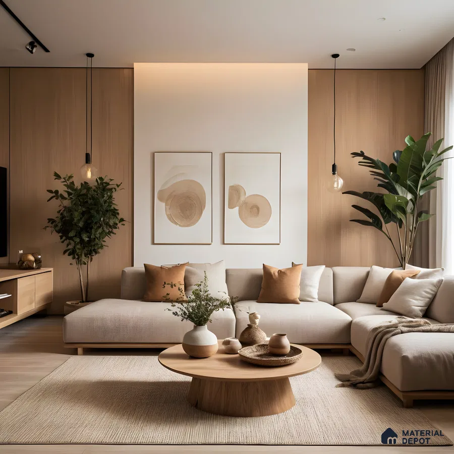 Modern Living Room with Wood-Paneled Wall and Natural Elements | Material Depot