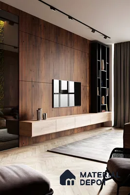 Modern TV Unit with Wood-Paneled Wall and Sleek TV Console | Material Depot