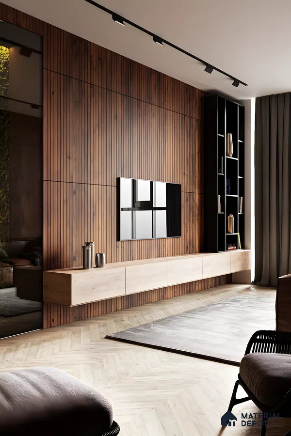 Modern TV Unit with Wood-Paneled Wall and Sleek TV Console | Material Depot