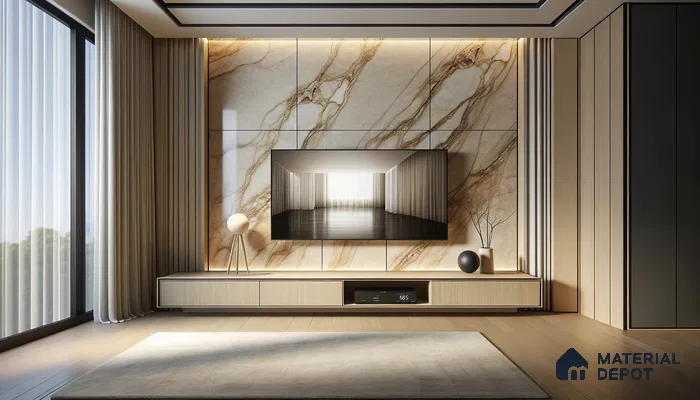 Modern Living Space with Dramatic Marble and Warm Wood Tones | Material Depot