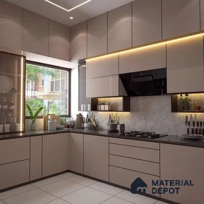 Modern L-shaped kitchen with beige high gloss laminate, marble-look backsplash, and dark quartz countertop in Bengaluru | Material Depot