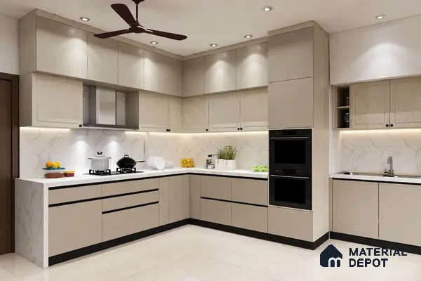 Modern L-shaped kitchen with beige matte laminate, white marble-look backsplash, and white quartz countertop in Bengaluru | Material Depot