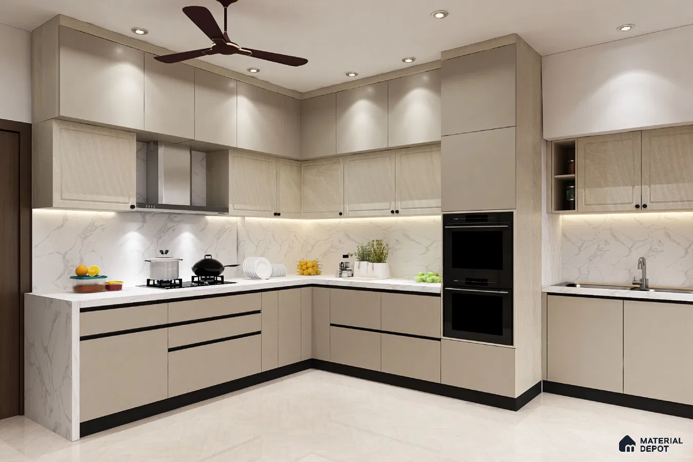 Modern L-shaped kitchen with beige matte laminate, white marble-look backsplash, and white quartz countertop in Bengaluru | Material Depot
