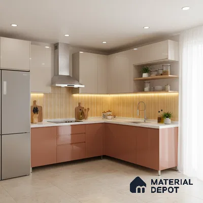 Modern L-shaped kitchen with blush pink and beige glossy laminate, white quartz countertop, and vertical beige backsplash tile in Bengaluru