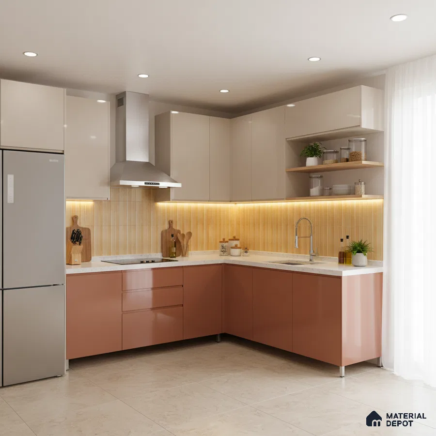 Modern L-shaped kitchen with blush pink and beige glossy laminate, white quartz countertop, and vertical beige backsplash tile in Bengaluru