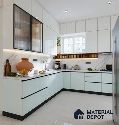 Modern L-shaped kitchen with frosty white and pastel blue laminate, white marble backsplash and countertop in Bengaluru | Material Depot