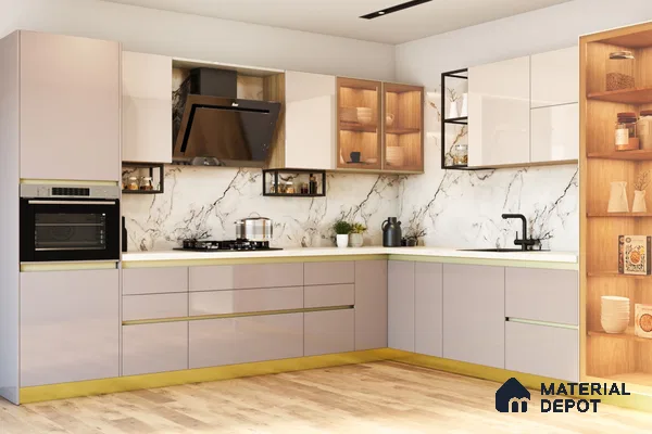 Modern L-shaped kitchen with glossy beige laminate, white marble-look backsplash, and light oak open shelving in Bengaluru | Material Depot
