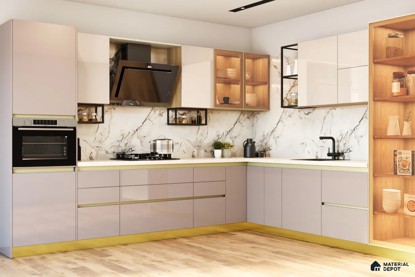 Modern L-shaped kitchen with glossy beige laminate, white marble-look backsplash, and light oak open shelving in Bengaluru | Material Depot