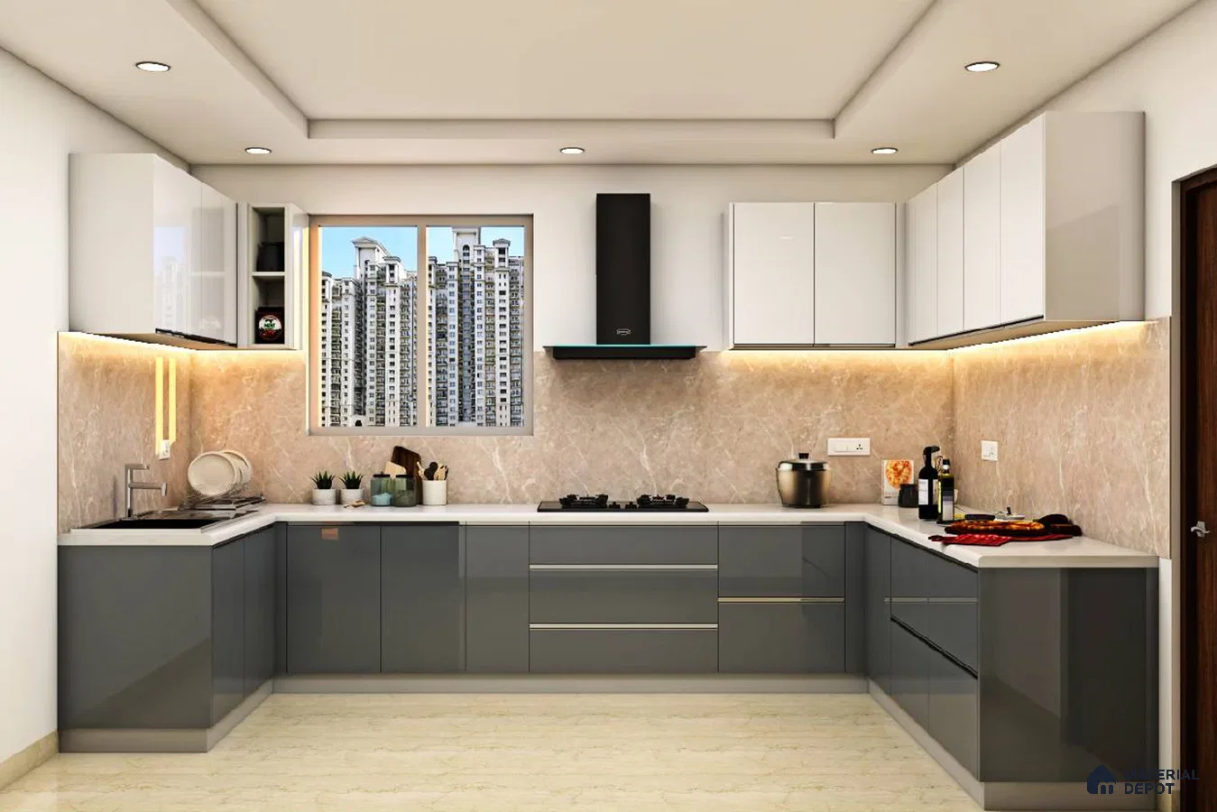 Modern L-shaped kitchen with glossy grey and white laminate, beige marble backsplash, and white quartz countertop in Bengaluru | Material Depot