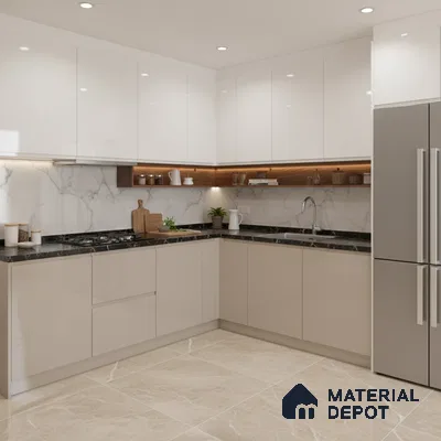 Modern L-shaped kitchen with glossy white and beige laminate, black marble countertop, and marble backsplash in Bengaluru