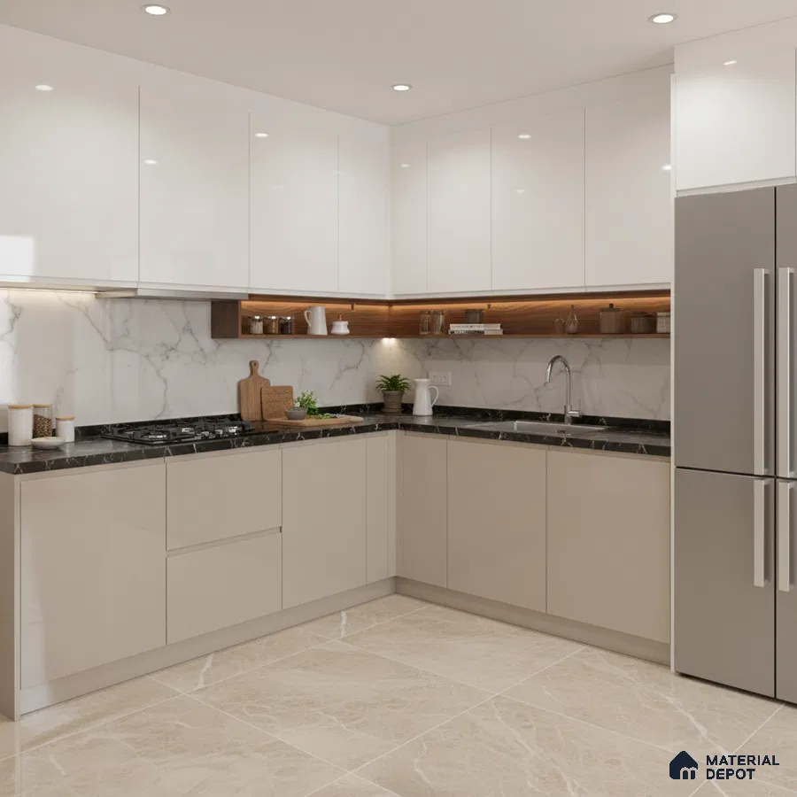 Modern L-shaped kitchen with glossy white and beige laminate, black marble countertop, and marble backsplash in Bengaluru