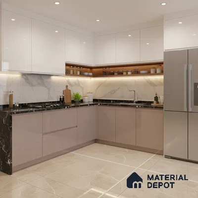 Modern L-shaped kitchen with glossy white and taupe laminate, black marble countertop, and marble backsplash in Bengaluru