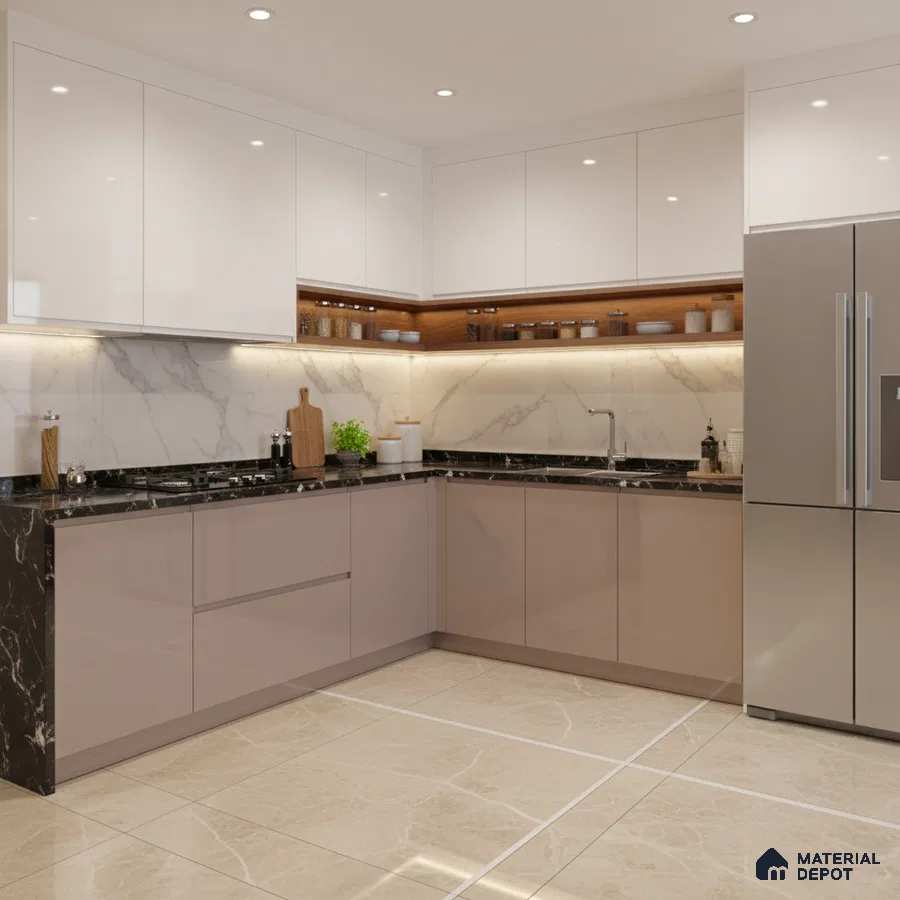 Modern L-shaped kitchen with glossy white and taupe laminate, black marble countertop, and marble backsplash in Bengaluru