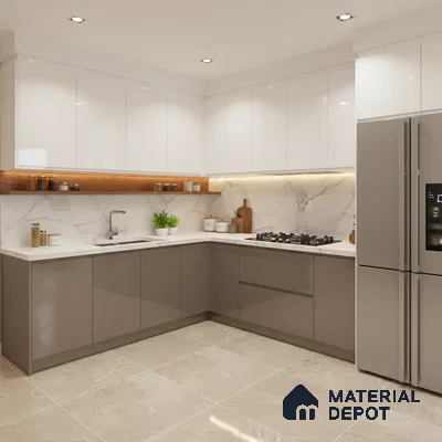 Modern L-shaped kitchen with glossy white and taupe laminate, marble backsplash, and beige marble floor tiles in Bengaluru