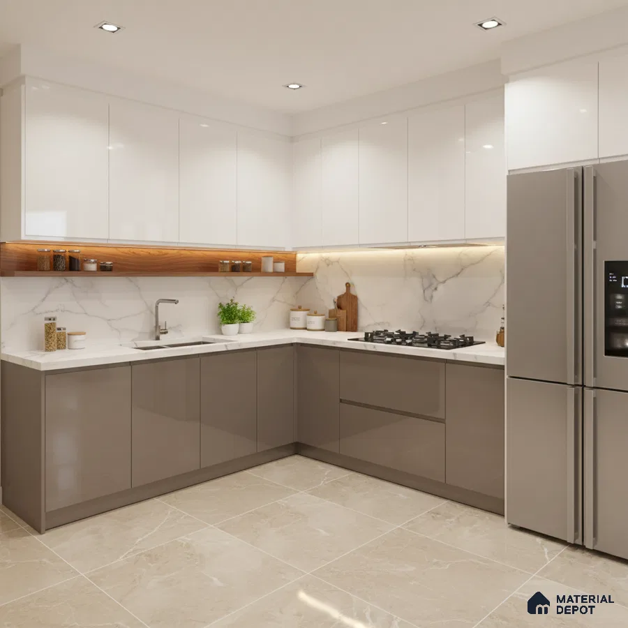Modern L-shaped kitchen with glossy white and taupe laminate, marble backsplash, and beige marble floor tiles in Bengaluru