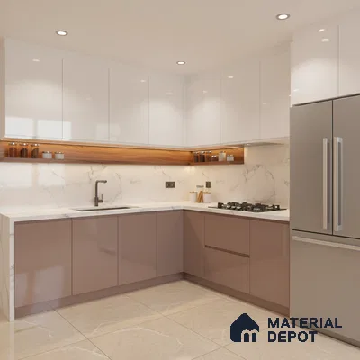 Modern L-shaped kitchen with glossy white and taupe laminate, marble backsplash, and quartz countertop in Bengaluru