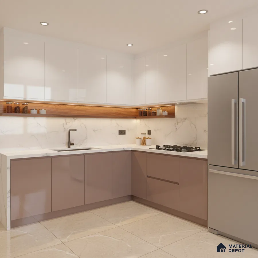 Modern L-shaped kitchen with glossy white and taupe laminate, marble backsplash, and quartz countertop in Bengaluru