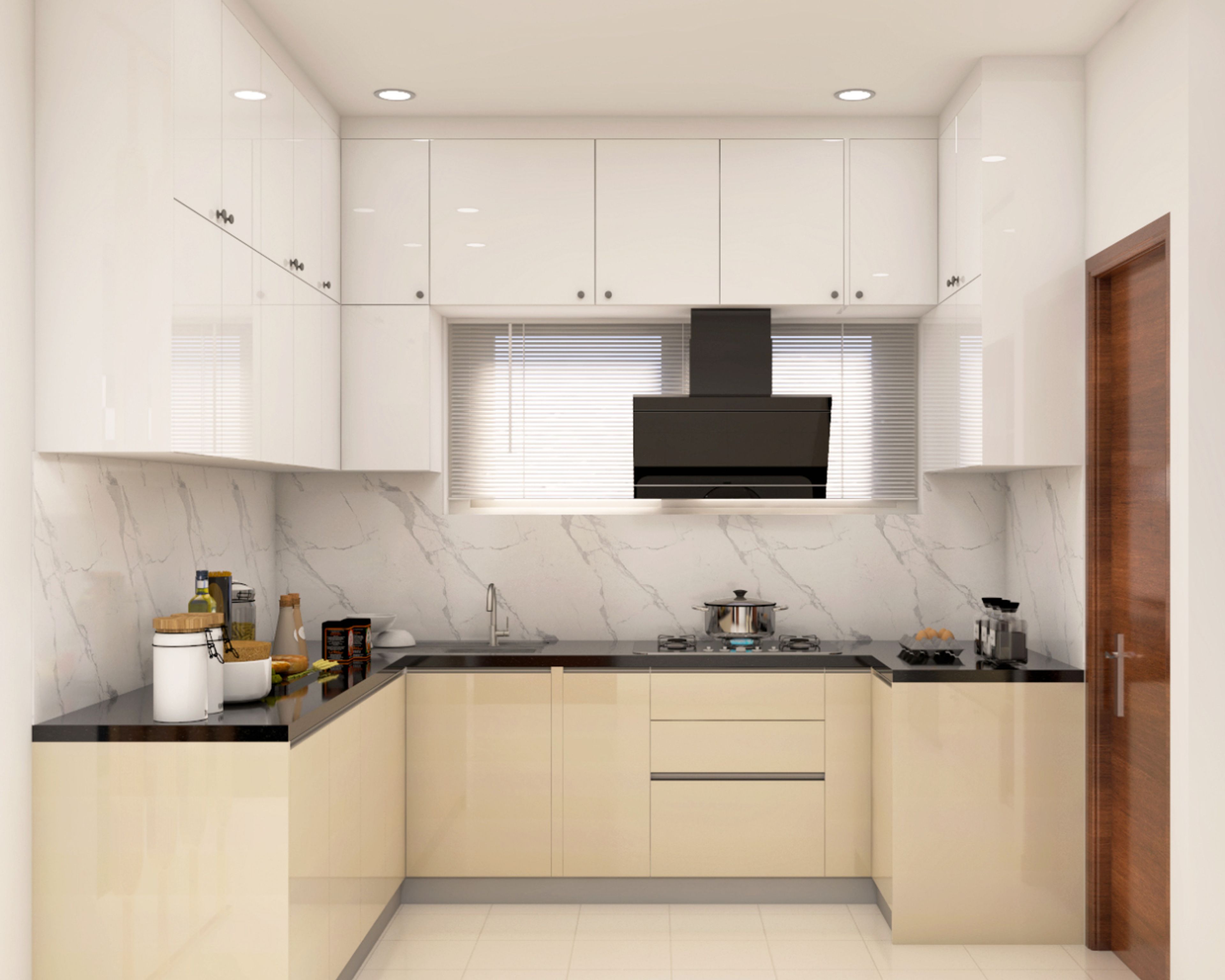 Modern L-shaped kitchen with high gloss white and beige laminate, black quartz countertop, and marble-look backsplash in Bengaluru | Material Depot