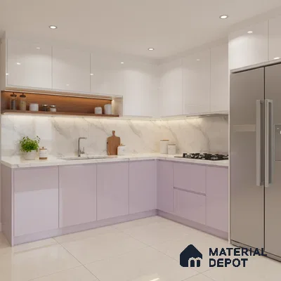 Modern L-shaped kitchen with pastel lavender and white high gloss laminate, marble backsplash, and quartz countertop in Bengaluru