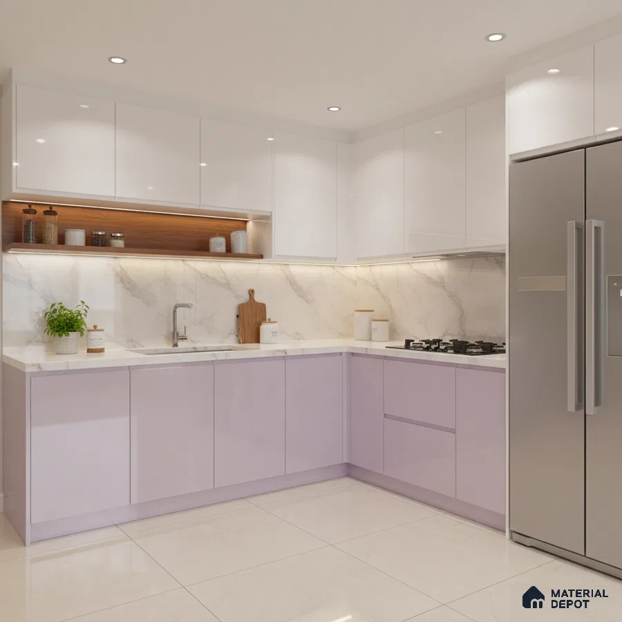 Modern L-shaped kitchen with pastel lavender and white high gloss laminate, marble backsplash, and quartz countertop in Bengaluru