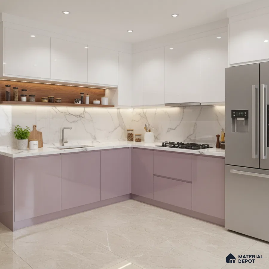 Modern L-shaped kitchen with pastel mauve and white high gloss laminate, marble-look backsplash, and beige marble floor tile in Bengaluru