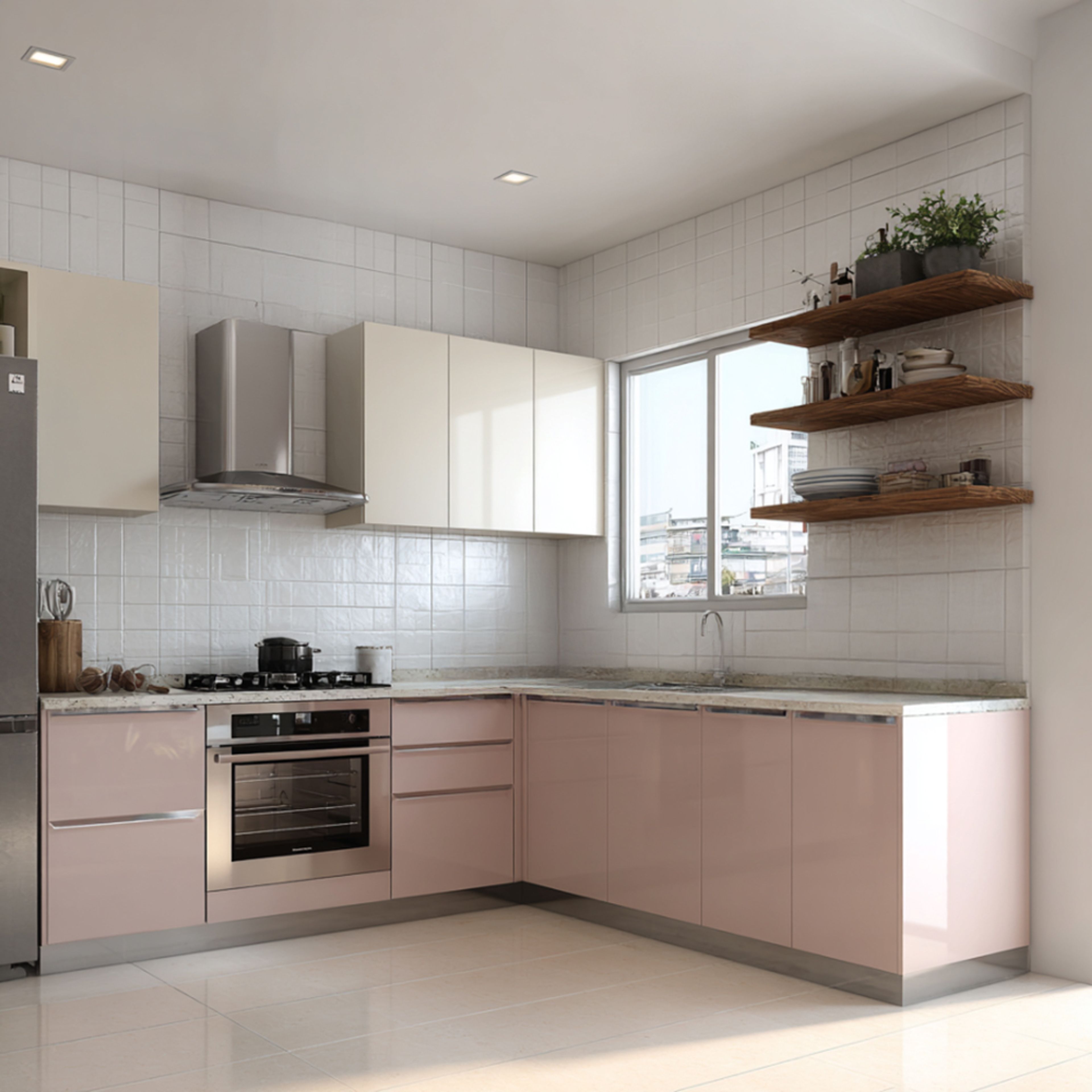Modern L-shaped kitchen with pastel pink and cream laminate, white subway wall tiles, and wooden open shelves in Bengaluru | Material Depot