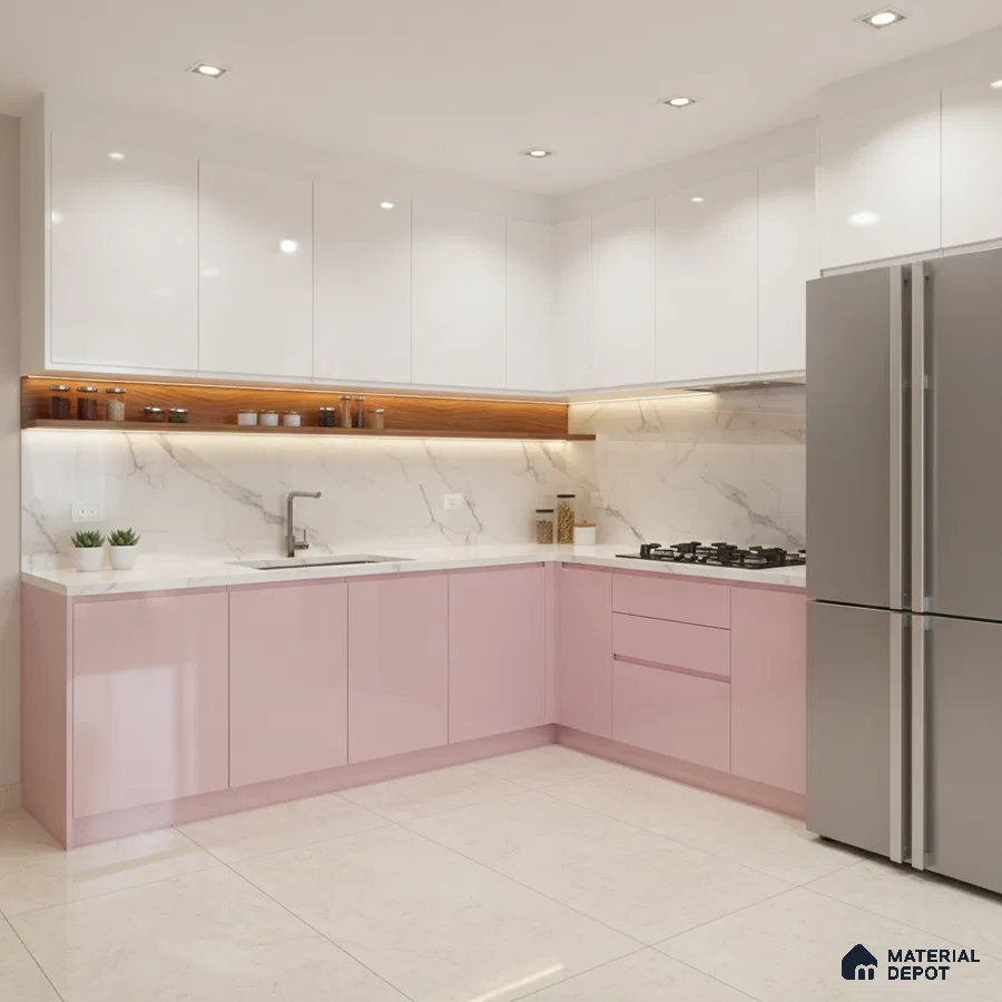Modern L-shaped kitchen with pastel pink and white high gloss laminate, marble backsplash, and quartz countertop in Bengaluru
