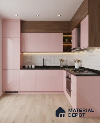 Modern L-shaped kitchen with pastel pink high gloss laminate, walnut wood laminate, and black granite countertop in Bengaluru