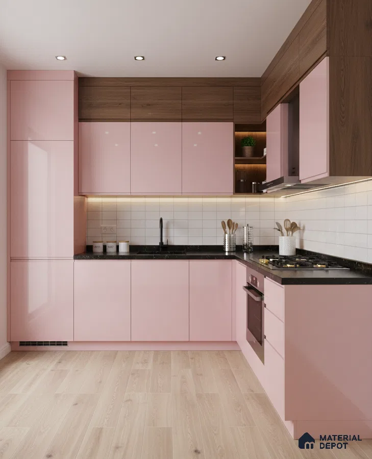 Modern L-shaped kitchen with pastel pink high gloss laminate, walnut wood laminate, and black granite countertop in Bengaluru