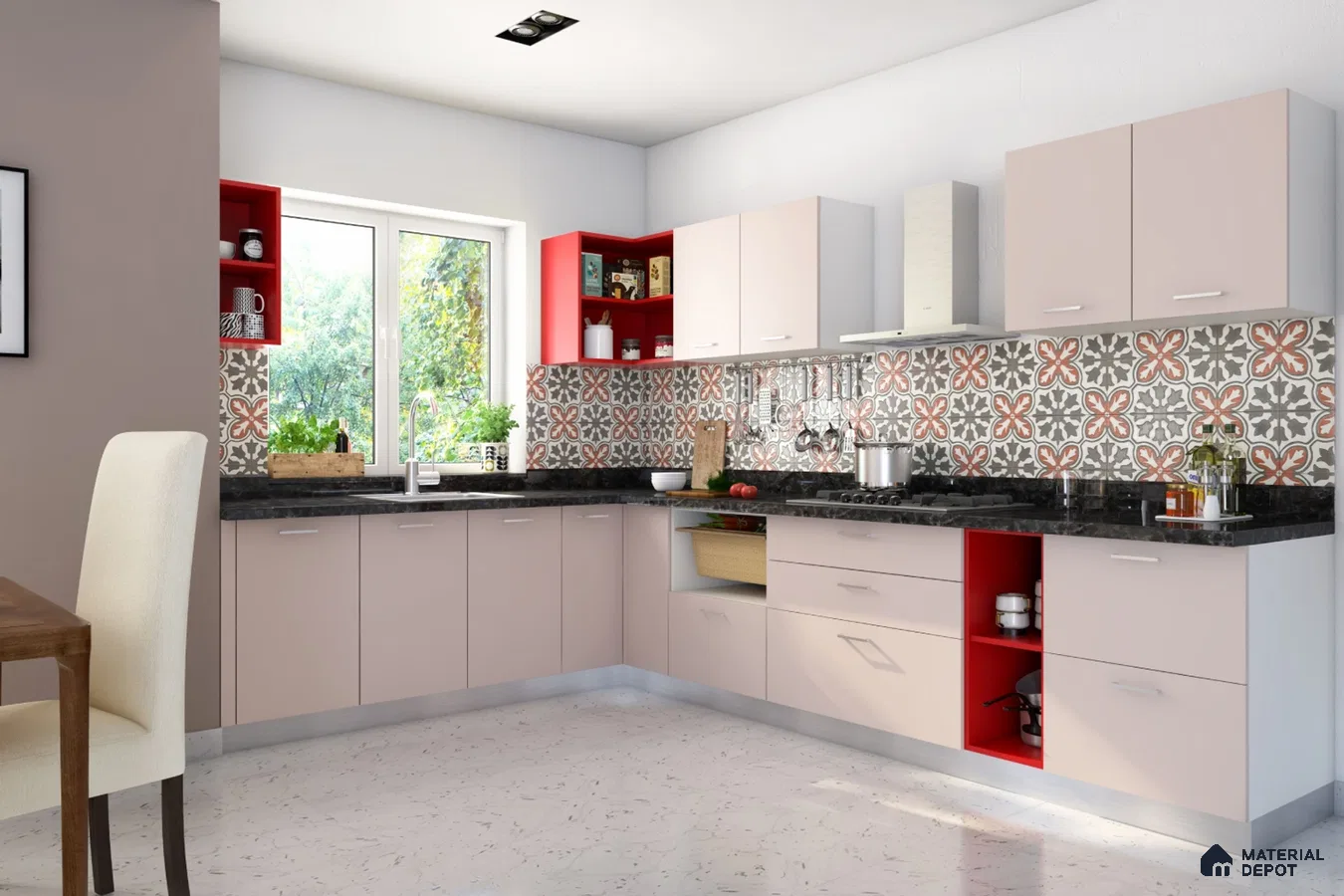 Modern L-shaped kitchen with pastel pink laminate, red open shelves, black granite countertop, and patterned moroccan backsplash tiles in Bengaluru | Material Depot