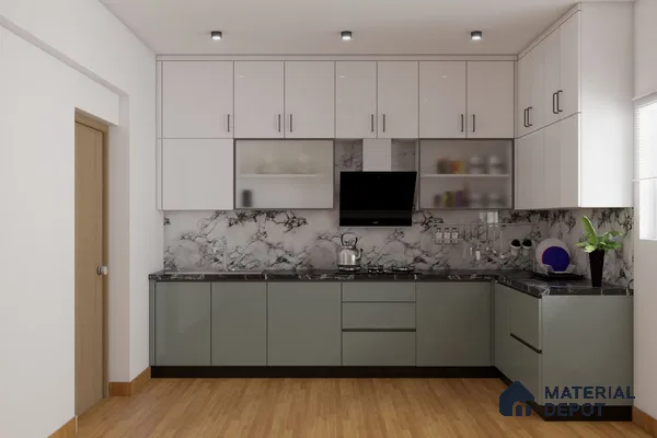 Modern L-shaped kitchen with sage green and frosty white laminate, marble-look backsplash, and black marble countertop in Bengaluru | Material Depot