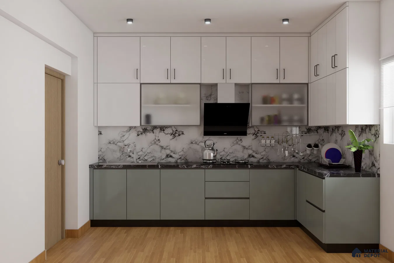 Modern L-shaped kitchen with sage green and frosty white laminate, marble-look backsplash, and black marble countertop in Bengaluru | Material Depot