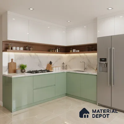 Modern L-shaped kitchen with sage green and white laminate, marble backsplash, and beige marble floor tile in Bengaluru