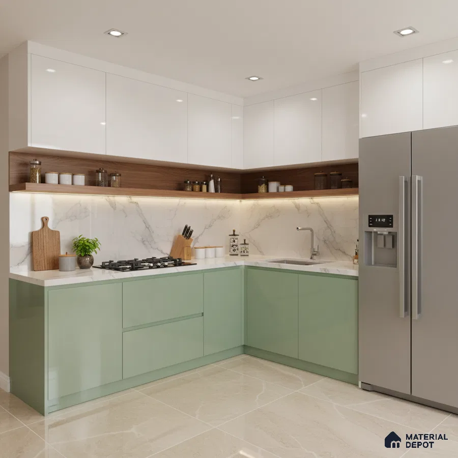 Modern L-shaped kitchen with sage green and white laminate, marble backsplash, and beige marble floor tile in Bengaluru