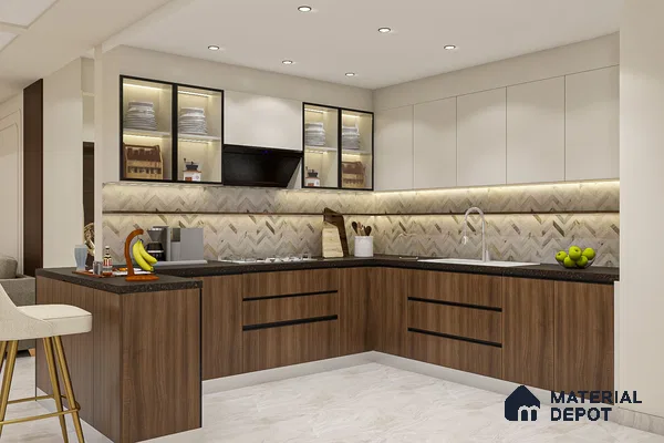 Modern L-shaped kitchen with walnut wood laminate, frosty white laminate, and chevron patterned backsplash tile in Bengaluru | Material Depot