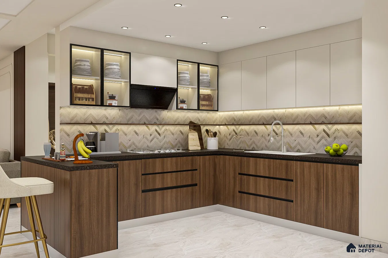 Modern L-shaped kitchen with walnut wood laminate, frosty white laminate, and chevron patterned backsplash tile in Bengaluru | Material Depot